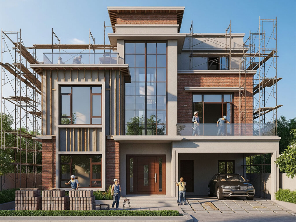 Modern 3BHK house under construction in Raipur with materials and workers on site – 2025 estimate reference