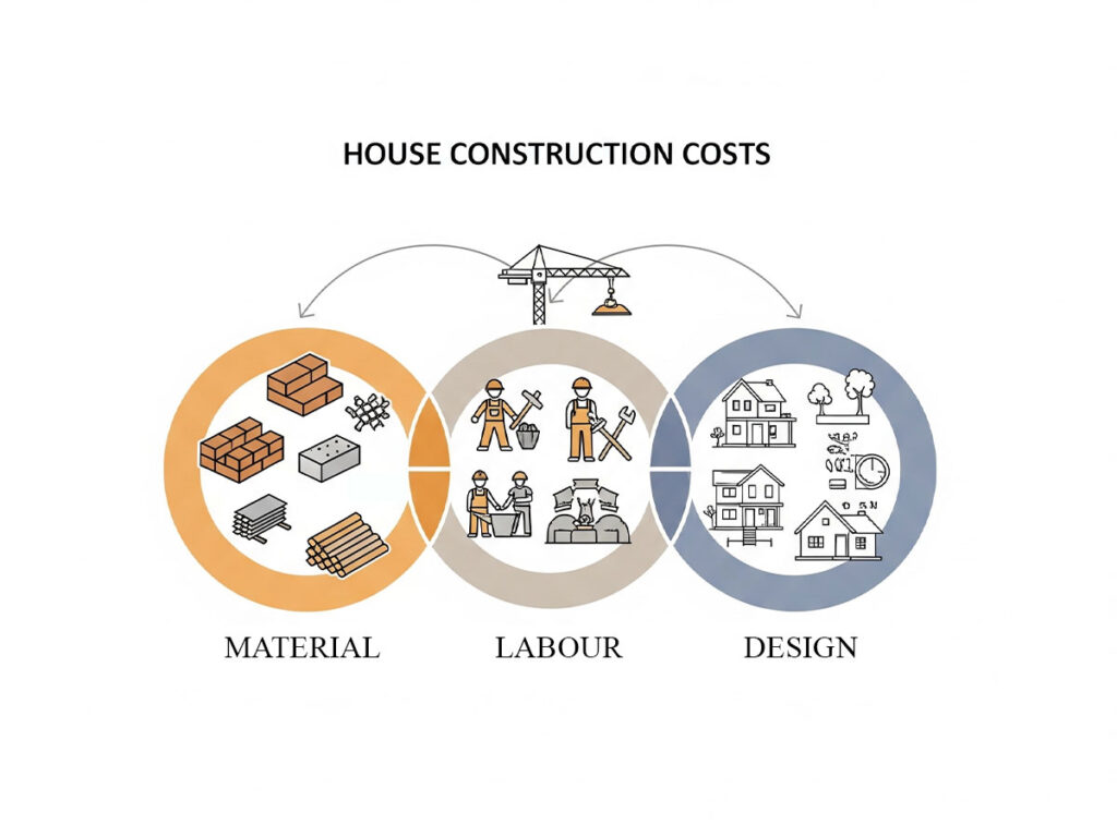 Infographic showing material, labor, and design components in 3BHK house construction cost Raipur